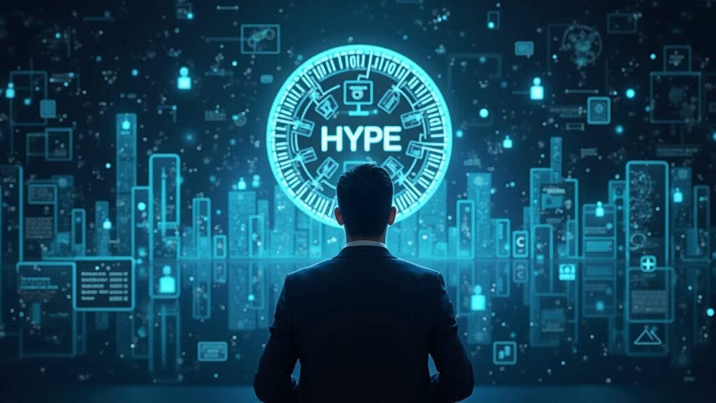 Hyperliquid faces selling pressure due to 314 million dollar unlock this Saturday Crypto trader facing a tide of HYPE tokens, on-chain charts and an emblem of decentralization in a newsroom.