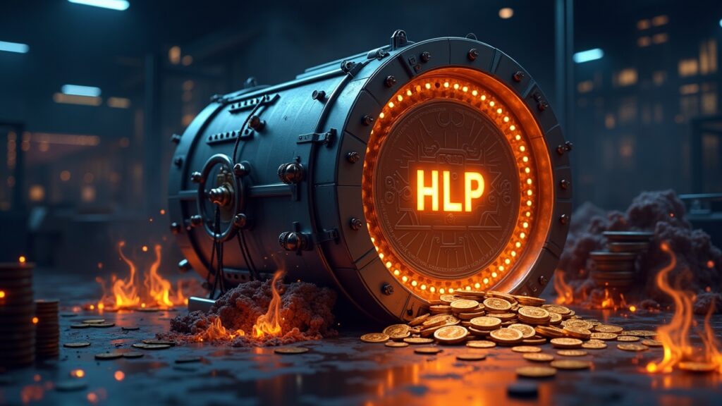Hyperliquid HLP chest in flames, digital coins, collapsed buy wall and on-chain traces in front of a trader in a news room.
