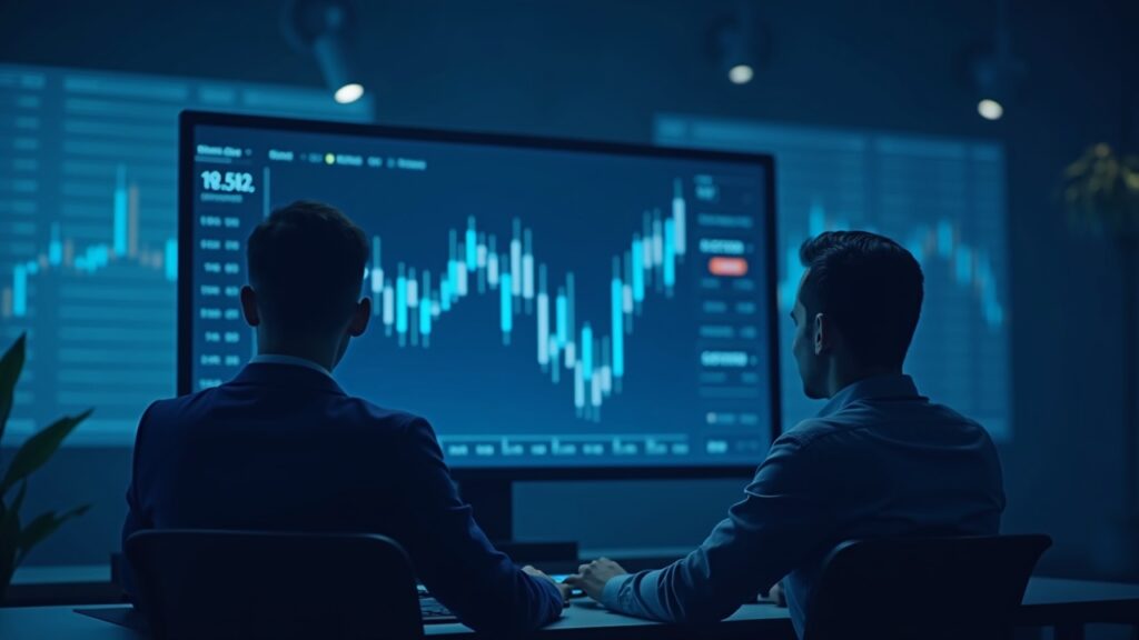 Crypto analyst in the newsroom observes ICP chart with support breakdown and high volume, blue tech aesthetic