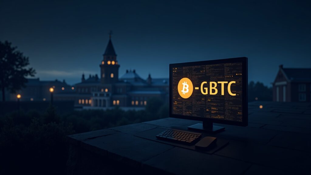 Silhouette of a university campus next to a digital ticker showing BTC, GBTC and Grayscale Mini Trust.