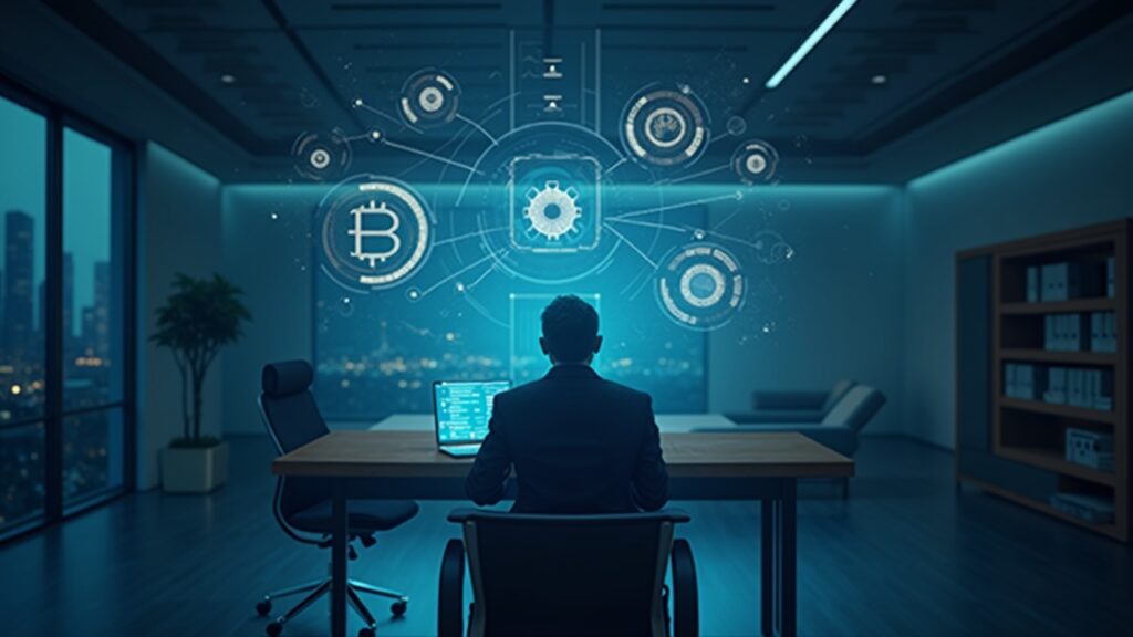 Fraud investigator in a modern newsroom, with a holographic blockchain graphic and floating crypto wallets.