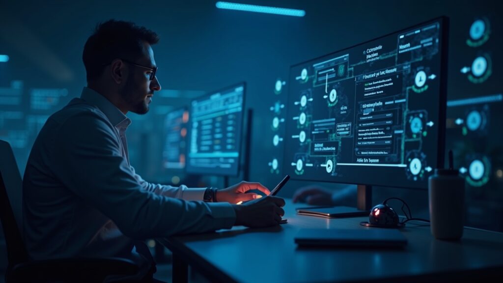 scene of a trader at a desk with holographic blockchain nodes, 16 chains highlighted and a red switch.