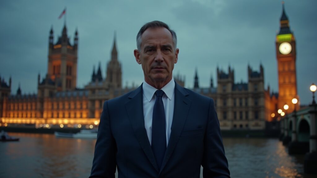 Kraken executive in a suit facing the camera, regulatory storm, blocked DeFi symbols and Parliament in the background.