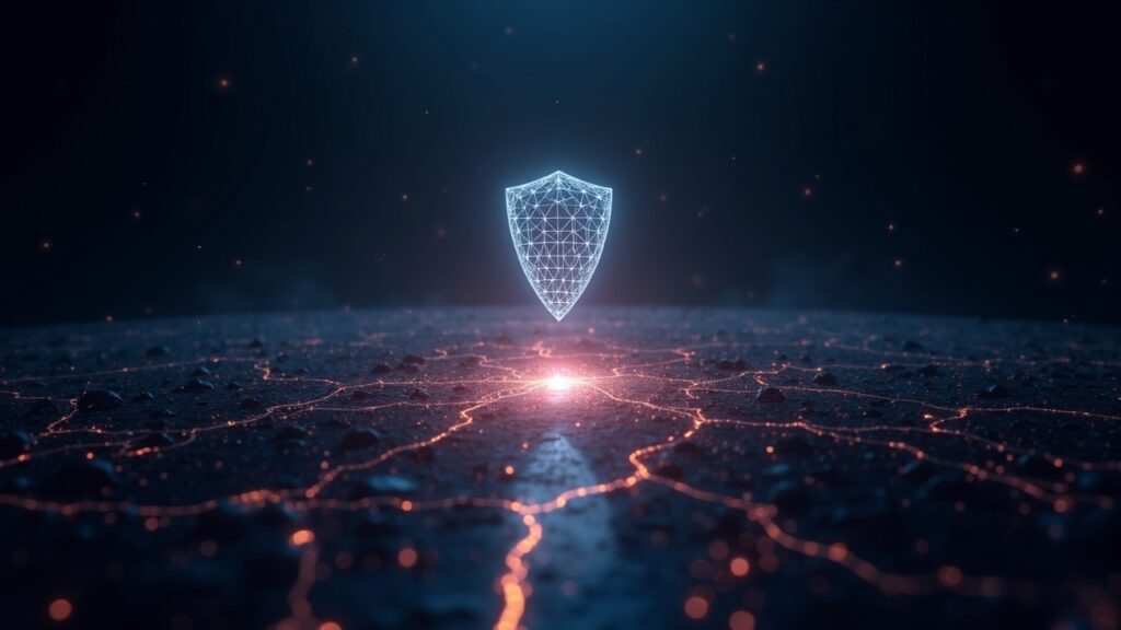 Photorealistic Layer-1 blockchain ledger unfurling into a futuristic roadmap, protected by a glowing quantum lattice shield.