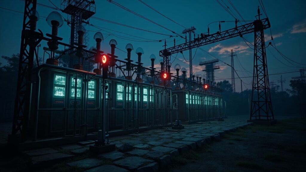 Malaysia loses 1.1 billion dollars after massive electricity theft by illegal mining Substation in Malaysia with visible mining installations, illuminated cables and warning signs about electricity theft