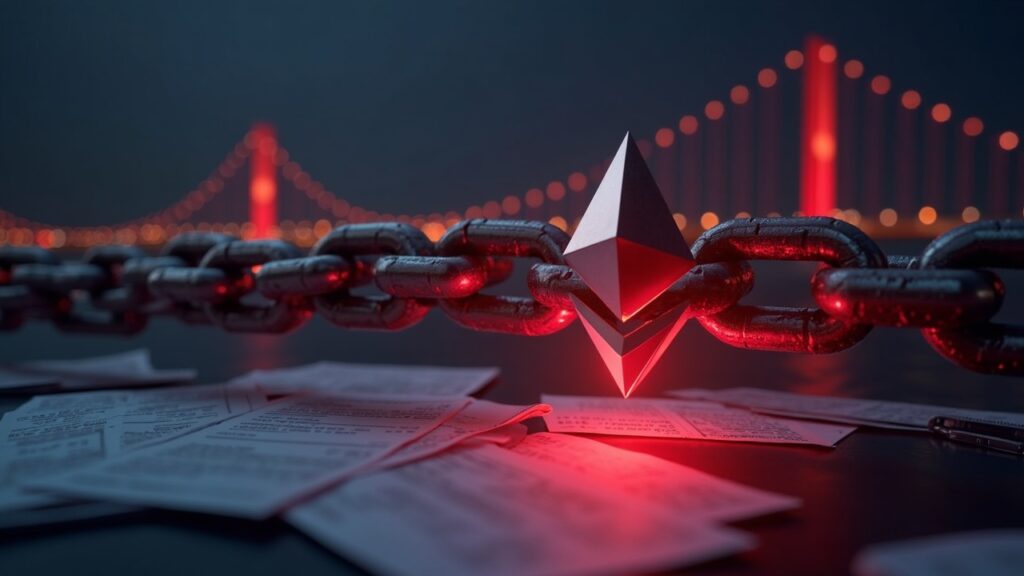 MegaETH to Return $500 Million Dollars to Users After Launch Chaos Escena fotorrealista con el logo de Ethereum y el emblema de MegaETH, puente intercadena detenido, resplandor de alerta roja y papeles de auditoría.