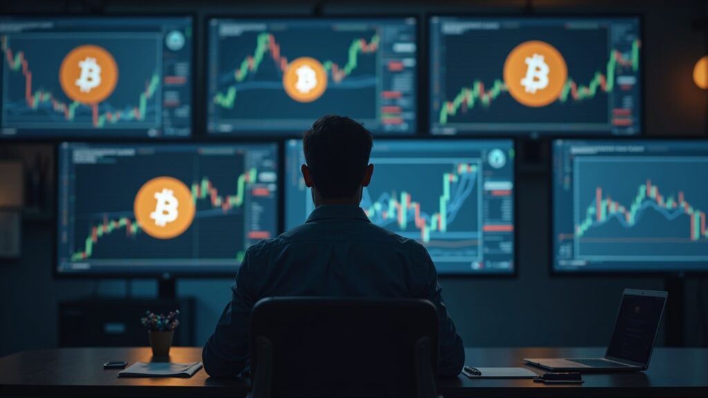 Treasury executive in a modern office, screens with Bitcoin logos, loan agreement and rising BTC charts