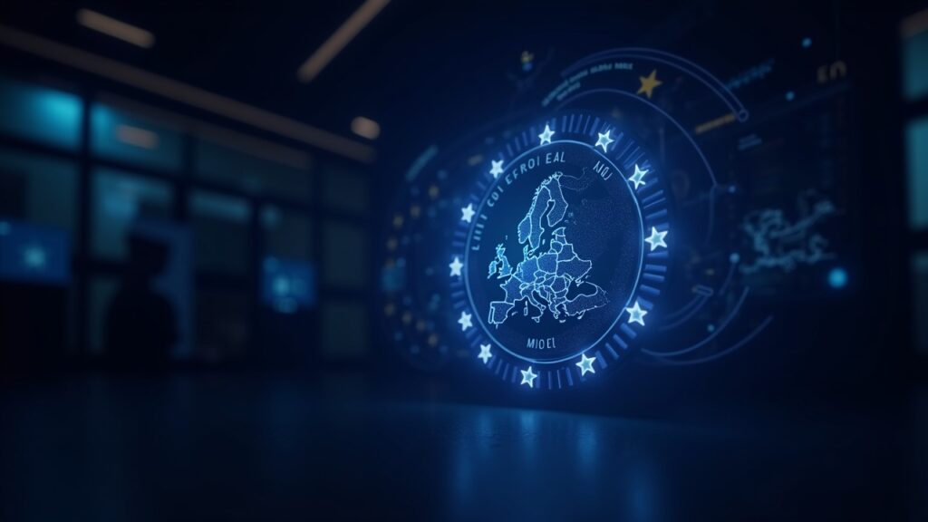 Photorealistic crypto exchange interior with a glowing MiCAR badge and illuminated EU map.