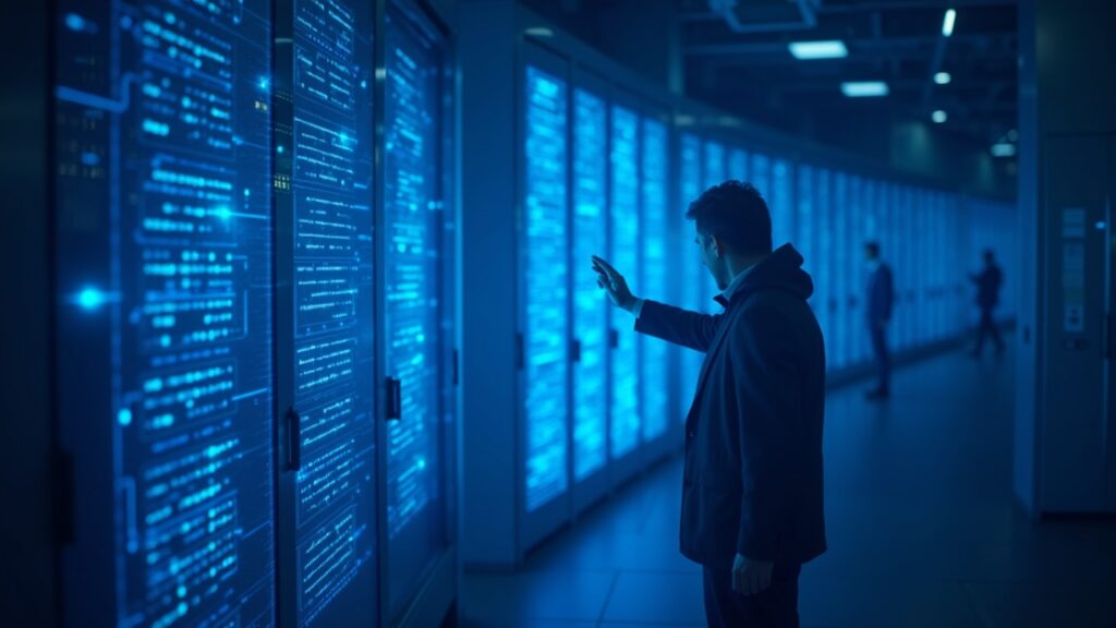 IREN Soars 30% After Signing a $9.7B AI Cloud Deal With Microsoft Blue Microsoft data center with glowing AI circuits, silhouettes of Bitcoin ASICs, and an executive handshake.