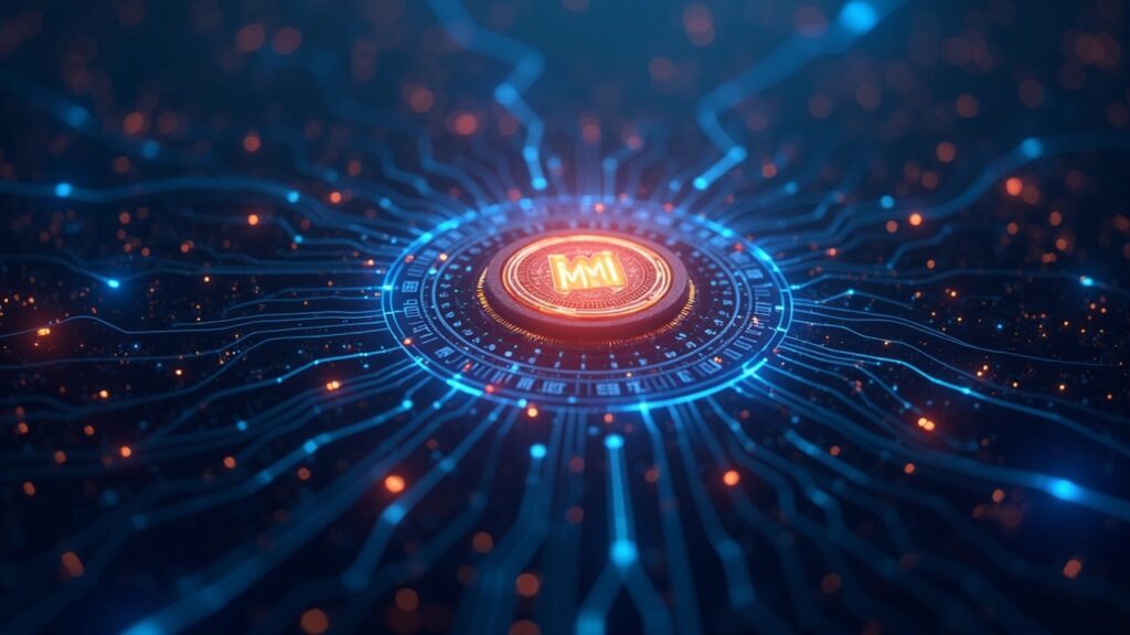 Luminous MON emblem at the center, with data streams and a futuristic DeFi city suggesting performance and parallel EVM.