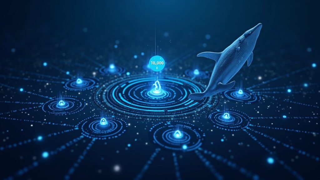 Realistic header of a high‑performance EVM network with connected nodes, MON and a panel showing 10.000 TPS next to a whale silhouette.