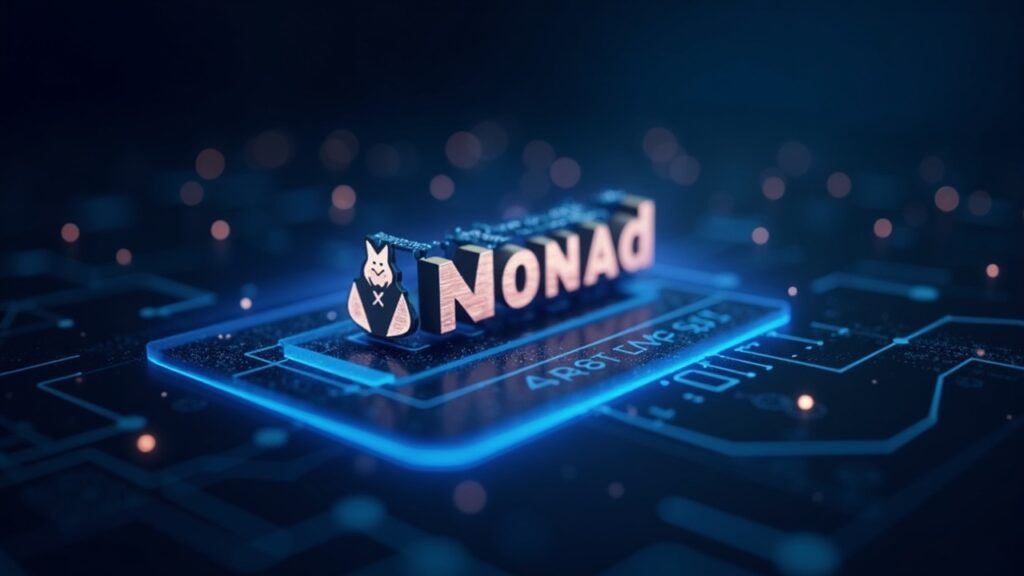 Photorealistic header: Monad logo over a fast EVM network, holographic ledger of ETF staking and Coinbase ICO charts.