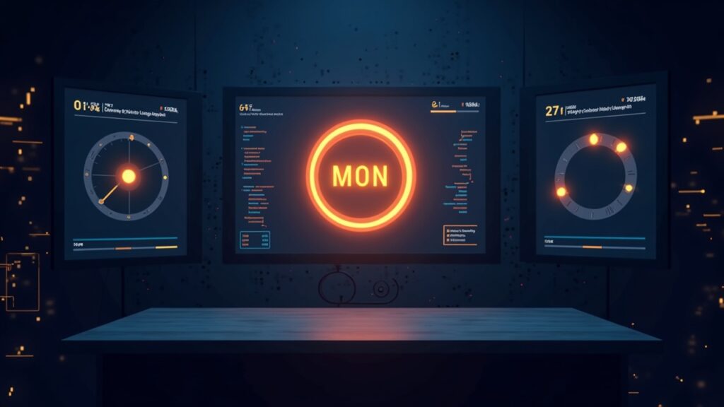 Photorealistic control room with a glowing MON glyph, data streams and padlocks illustrating locked supply versus circulating supply.