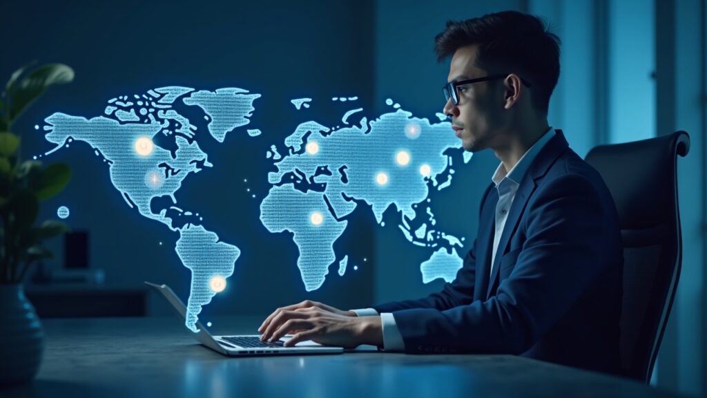 MoonPay launches enterprise stablecoin suite with M0 and recruits ex‑Paxos leaders Fintech executive in front of a multichannel holographic map of stablecoins, highlighting enterprise issuance and regulatory compliance