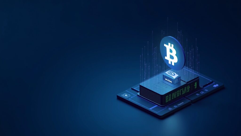 Nvidia data center and a rising Bitcoin, blue palette, symbolizing AI demand and crypto resilience.