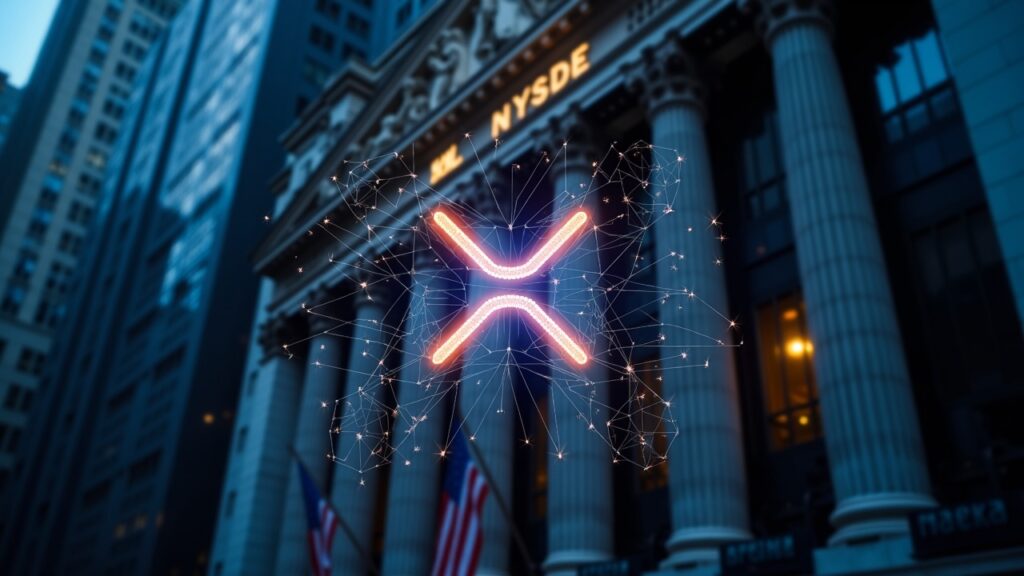 Facade of the NYSE with the XRP logo and a shining XRPL network, symbolizing regulated access and institutional adoption.