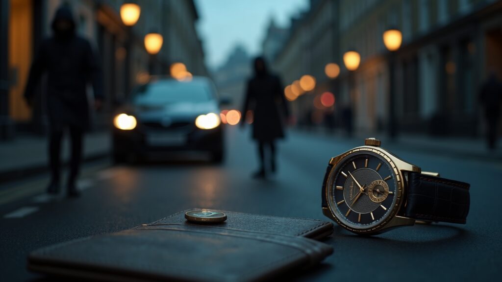Masked robbers stop a car on a quiet Oxford road; foreground shows a crypto wallet and luxury watch under dramatic lighting.