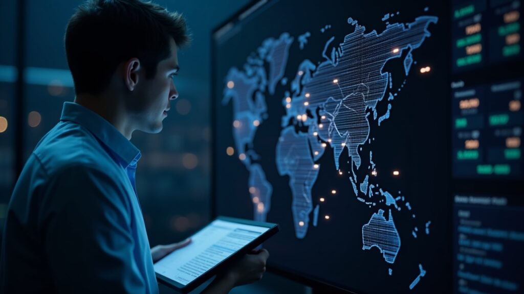Trader in front of a luminous on‑chain order book that merges with a blockchain network map, symbolizing perp DEXs and 26%.