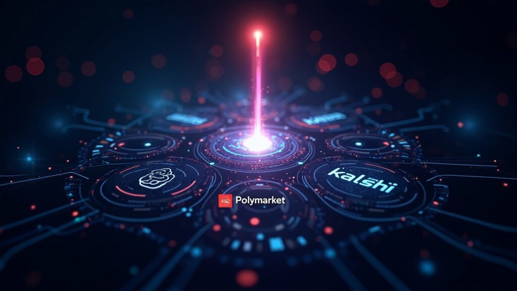 Logos of Polymarket and Kalshi in front of a regulatory beacon in a high-contrast newsroom