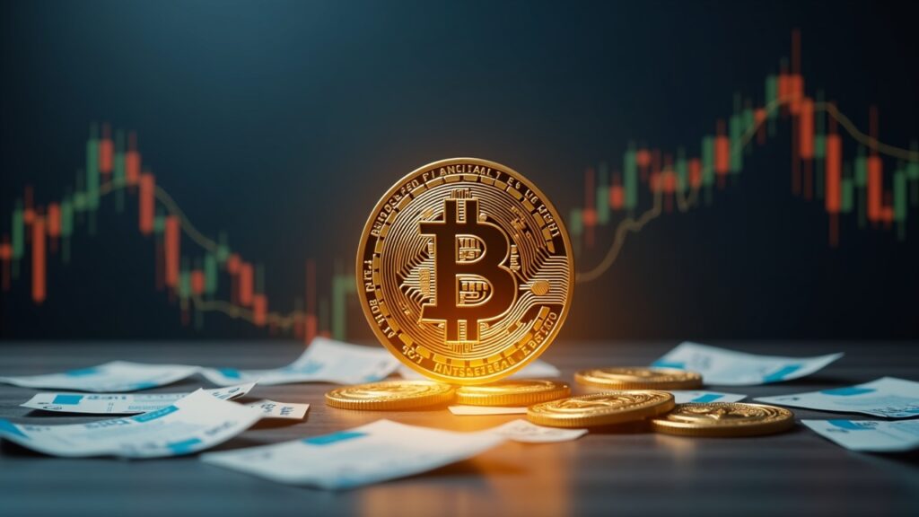 Boardroom scene: euros turn into the emblem of Bitcoin next to a share certificate.