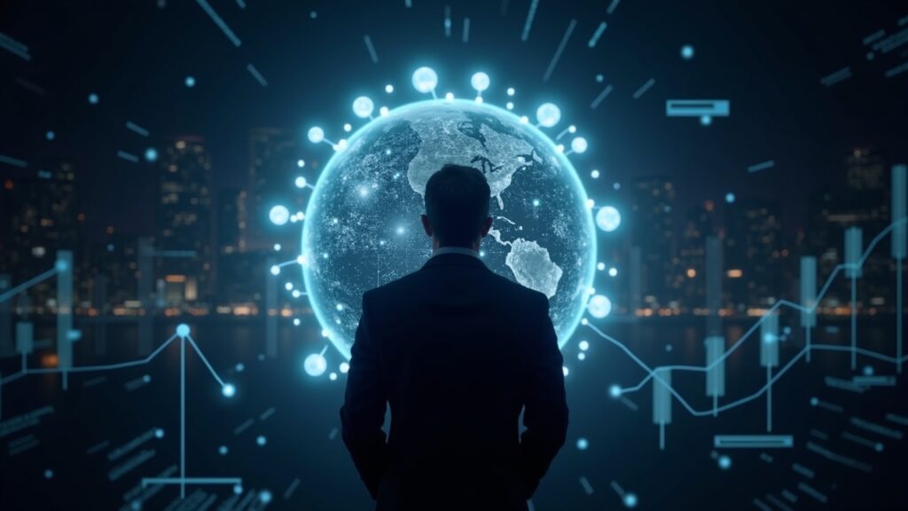 Central photorealistic figure before a globe of blockchain nodes and charts, symbolizing rapid access to capital markets