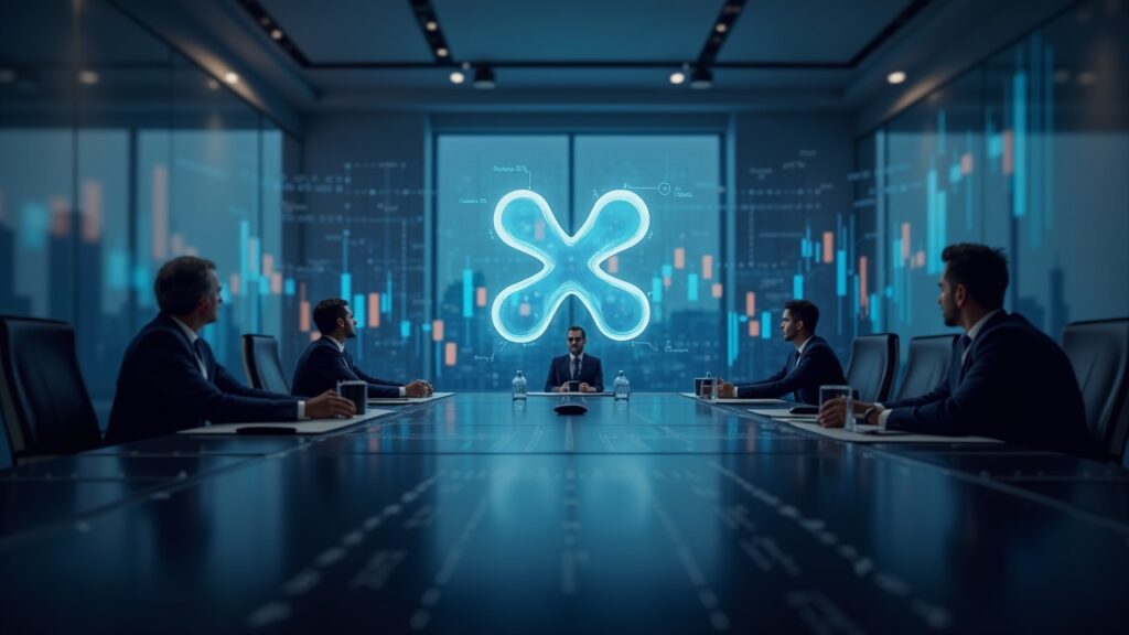 Photorealistic scene in a boardroom with the Ripple logo on the glass, rising XRP charts and institutional investors.