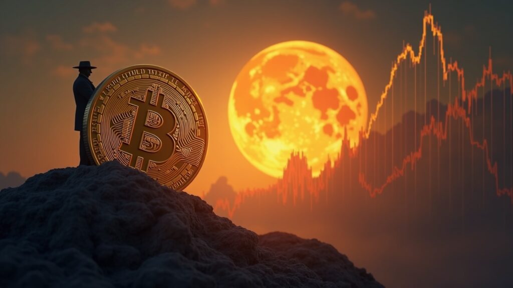 Silhouette of Satoshi next to a huge Bitcoin coin and an ascending chart, symbolizing scarcity and crypto wealth.