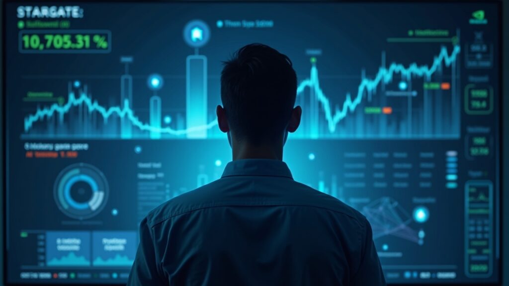 Financial analyst in front of a holographic dashboard: Nvidia falls, OpenAI rises; in the background, Stargate data centers.