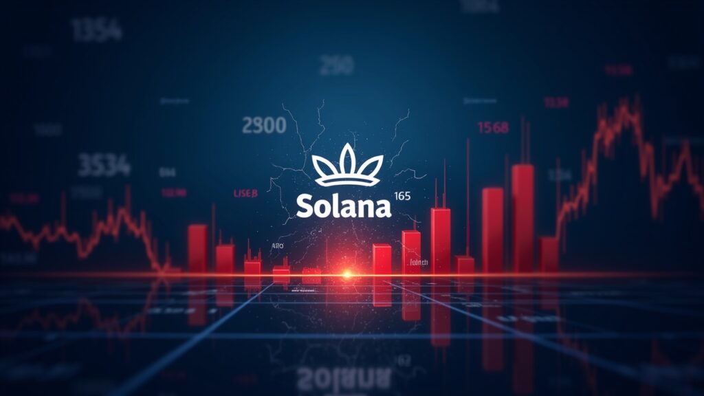 Solana logo centered in front of a broken barrier marked 165, with red volume bars and a blue market grid background.