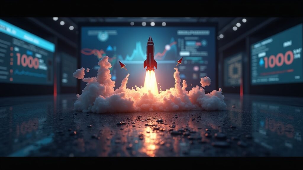 Solana logo in the foreground, divided by a rocket rising toward 1000 and an arrow falling to 100, on a news set.