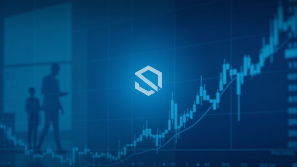 Central Solana logo with an ascending ETF chart, trading floor background and institutional figures in blue tones.