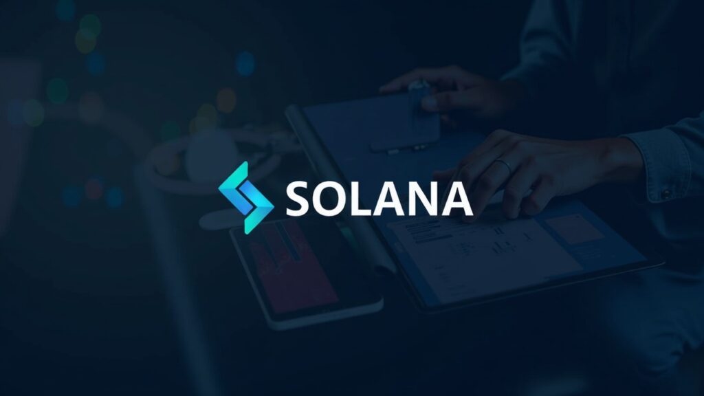 Solana logo connected to an icon of a regulated ETF, staking rewards and financial charts on an editorial background