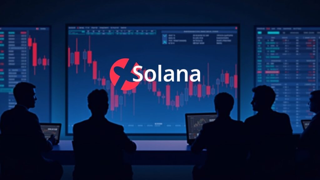 Image of a fintech news room: Solana logo on a trading screen, red day, silhouettes of traders and a blue background.