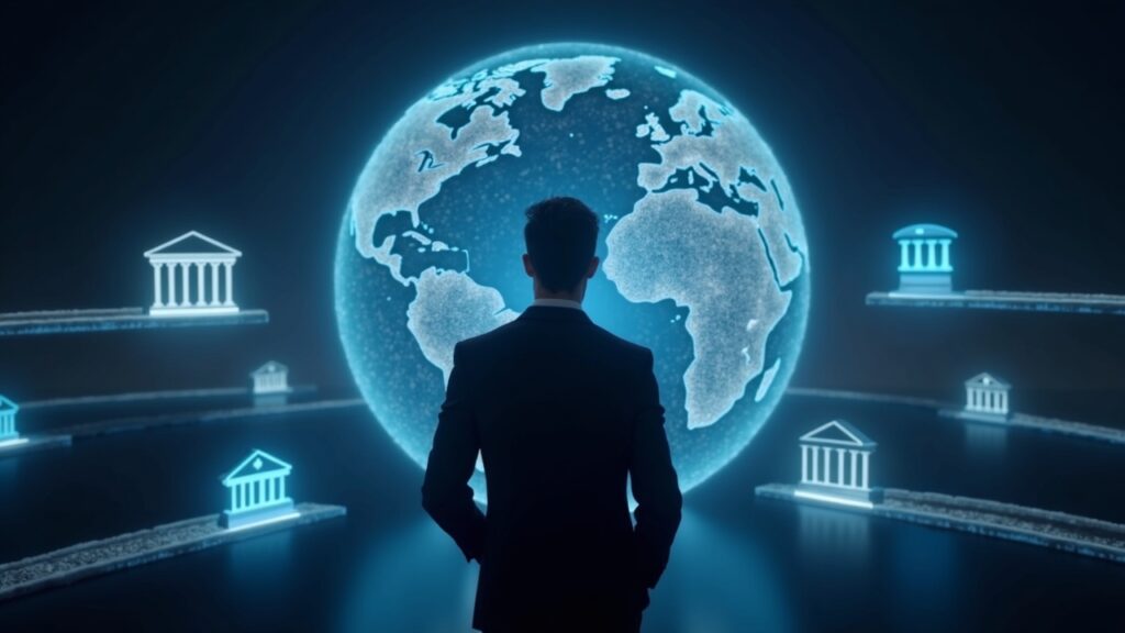 Wirex and Crossmint partner to expand on‑chain stablecoin payments beyond EVM with bank settlement and global acceptance, Executive in front of holographic rails, connecting banks, cards and chains, visualizing stablecoin payments outside EVM.