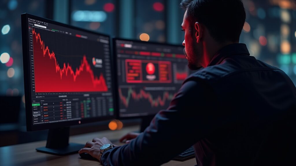 Stellar’s XLM falls 7.7% after key support break that triggers heavy selling Photorealistic trader in front of screens with a red chart and broken support line, Stellar XLM logo, reflecting intense selling.