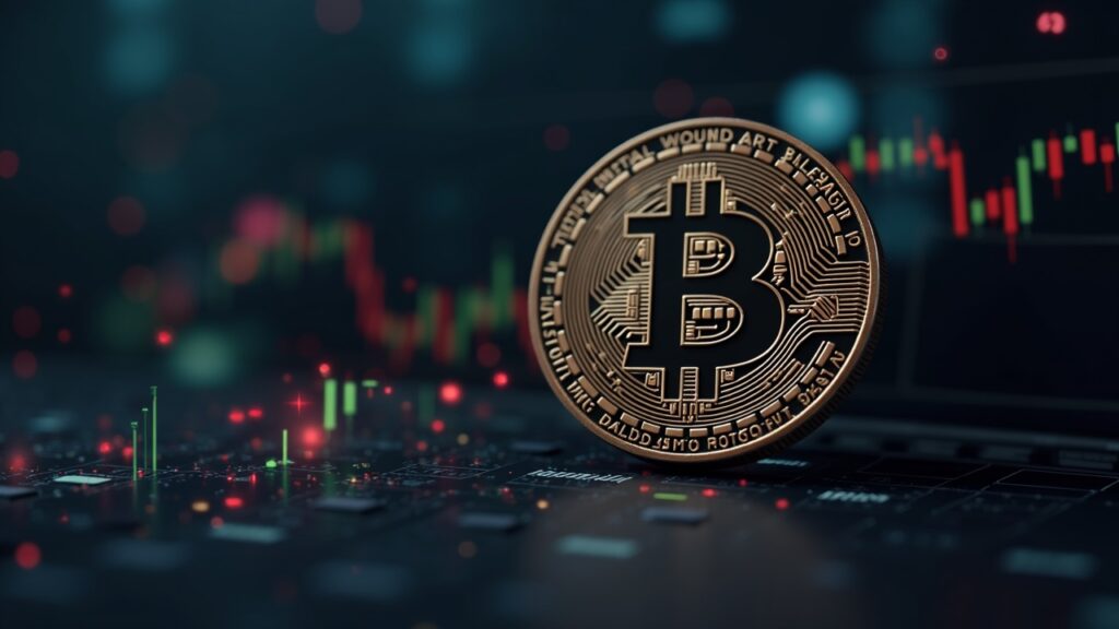 Photorealistic image of a Bitcoin balance sheet with vault and risk gauge facing a drop to 25.000.