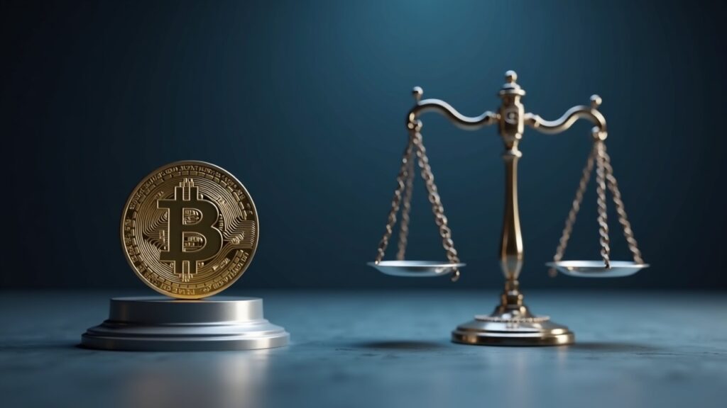 Bitcoin slides below US$106.000 as crypto markets plunge Bitcoin emblem balanced on a silver scale beside an S&P rating report in a sleek newsroom