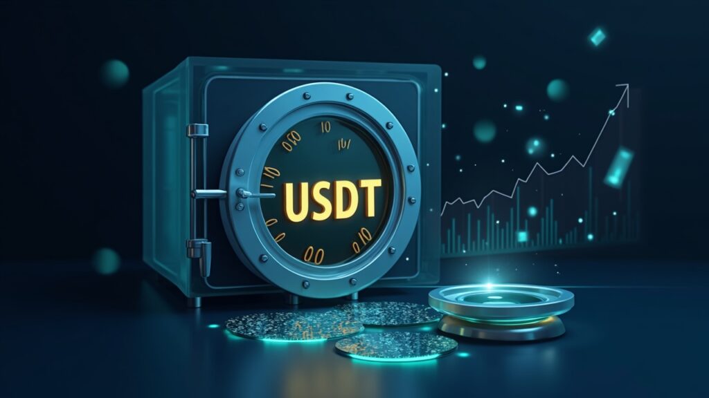 USDT logo emerging from a glass vault, upward-trending chart, accounting holograms and a magnifying glass suggesting scrutiny.