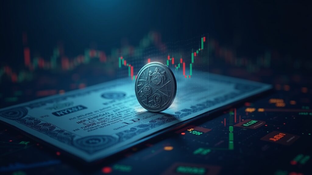 Solana: Pantera-backed HSDT to tokenize its shares on the blockchain via Opening Bell Photorealistic stock certificate transforming into a Solana token, with a NASDAQ-style trading floor in the background.