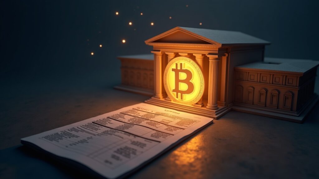 U.S. Treasury building with a tax form transforming into a glowing Bitcoin.