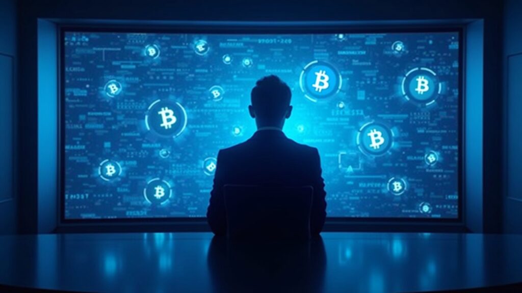 Newsroom with an executive silhouette, Bitcoin ticker and CRO icons under blue light, illustrating crypto treasury.