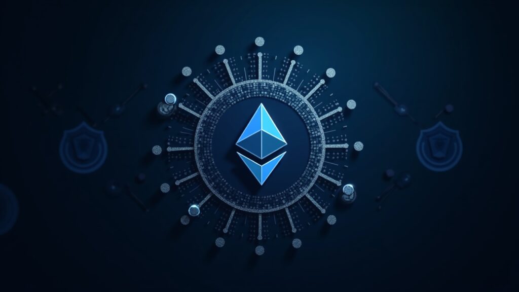 Photorealistic header: central validator, a distributed blockchain network and a code shield, symbolizing Ethereum.