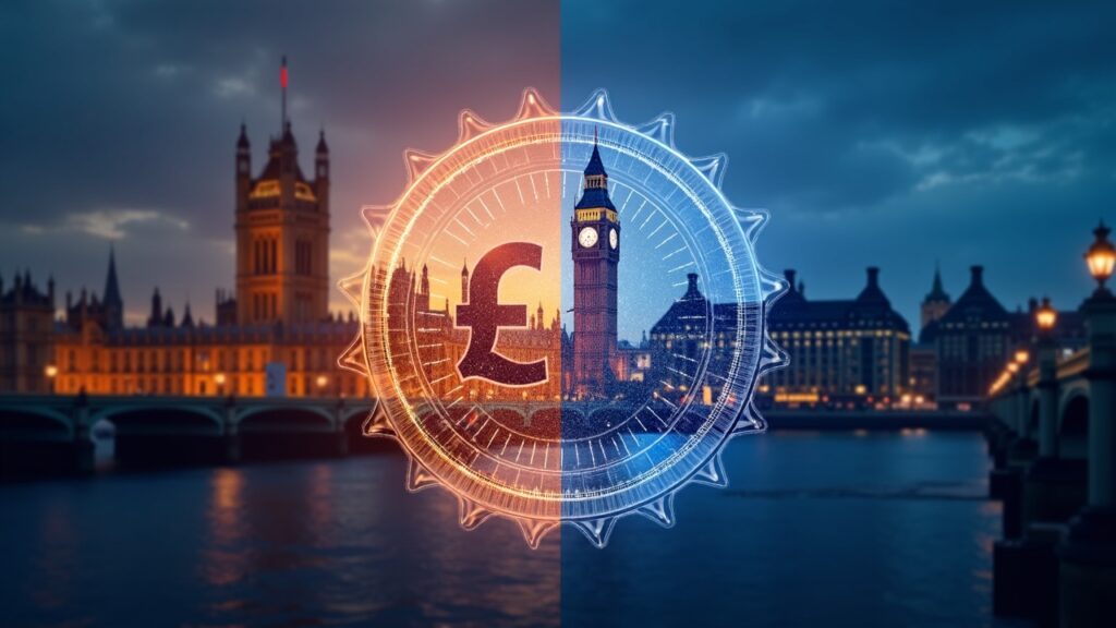 The United Kingdom could fall behind without a pound-denominated stablecoin Photorealistic scene of a British fintech hub: silhouette of Parliament and a GBP stablecoin hologram, U.S./EU regulation.