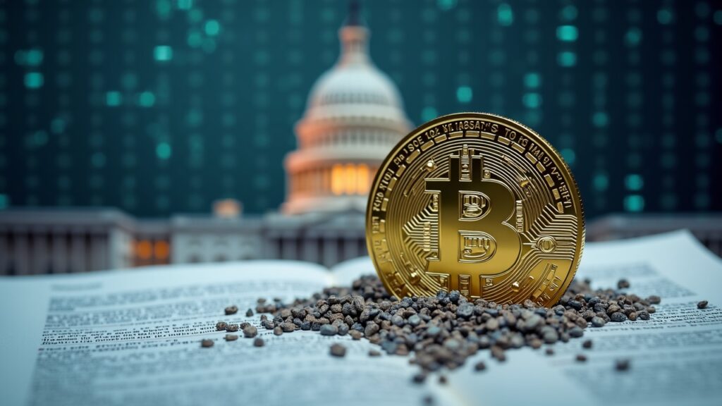 USDC coin dissolving into legal documents in front of the Capitol dome, with blockchain code in the background.