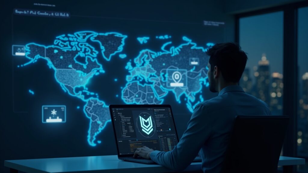 CFO at a modern desk, bright USDC logo on a high-tech dashboard, world map and payroll icons.