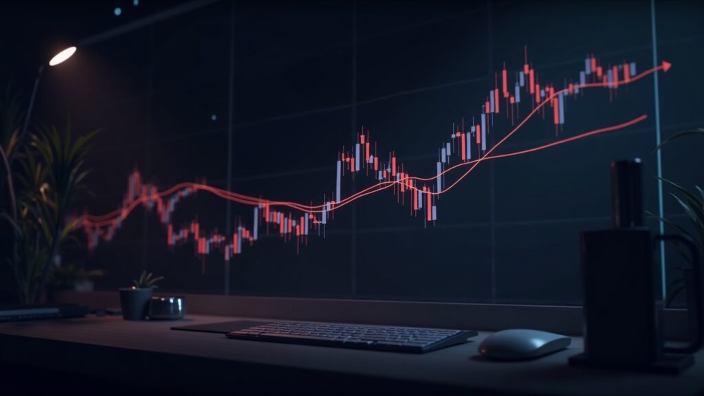 Digital chart of Bitcoin with MA50 crossing MA200, BTC near 90k, dark lighting.