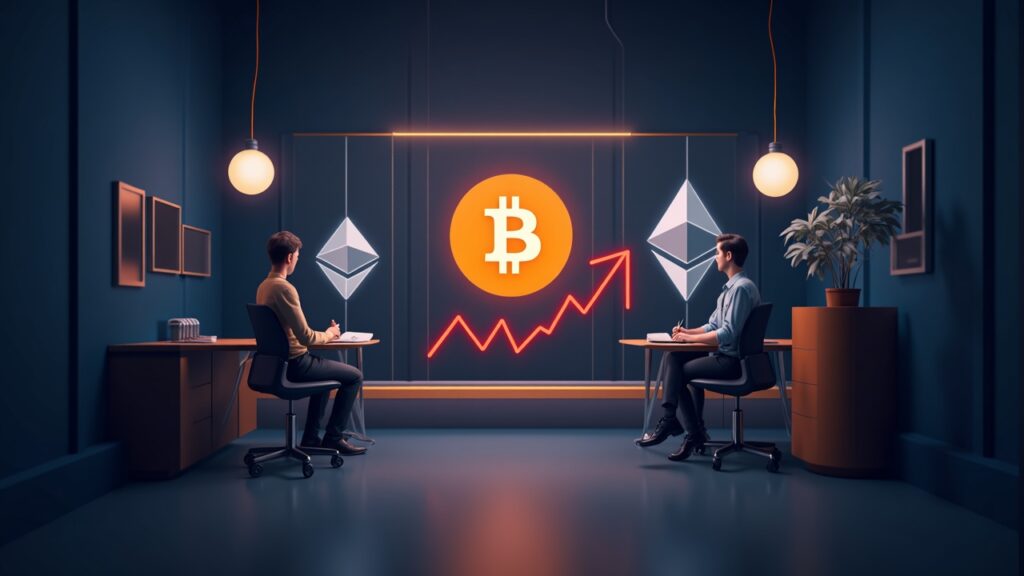 Realistic news scene with Bitcoin and Ethereum, red outgoing arrows and a downward chart showing 1.94B