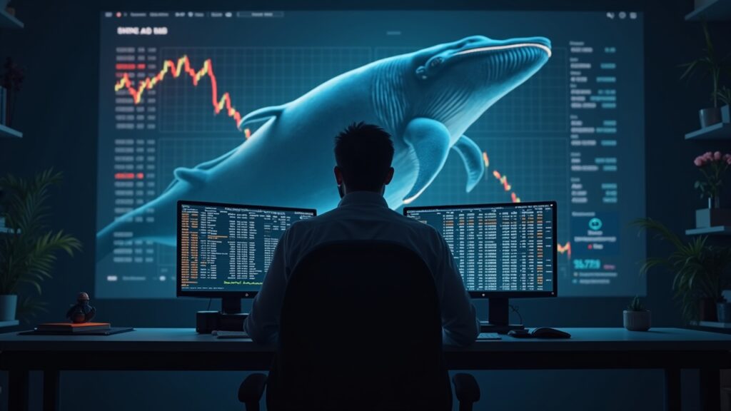 Crypto Market Loses $1.3 Billion as Bitcoin Falls; Whale Earns $36 Million Crypto trader at a sleek desk with a giant whale silhouette behind a flickering order book, signaling 1.3B liquidations.