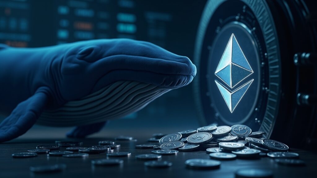 Ethereum whale over a digital ticker, ETH coins flowing to a secure vault, newsy tone of institutional demand