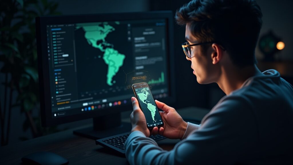 Brazilian facing a crypto dashboard; digital worm surrounds a mobile with WhatsApp, with Brazil map and red alerts.